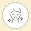 Simple line drawing of a smiling face with closed eyes inside a circle, with two sparkle icons near the cheeks, suggesting clean or glowing skin; background is a light beige color.