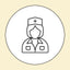 Simple line drawing of a nurse inside a circle, wearing a nurse cap with a cross and a uniform, on a light beige background.