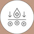 A line drawing of a medical droplet with a cross, flanked by downward arrows above a horizontal line, with three plus signs below, all within a circle on a tan background.