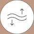 A white circle with two wavy horizontal black lines in the center, one arrow pointing up above the top line, and one arrow pointing down below the bottom line, on a tan background.