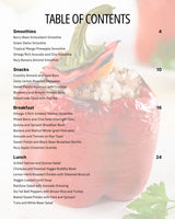 The Beauty Bites Recipe Guide by Basic Maintenance features a table of contents over a roasted red bell pepper image, listing Smoothies, Snacks, Breakfast, and Lunch sections with dishes and page numbers.