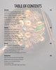The Beauty Bites Recipe Guide by Basic Maintenance features a table of contents with dinner, salad, soup, and dessert recipes alongside page numbers, set over a background of noodles with shrimp, bell peppers, and green veggies.