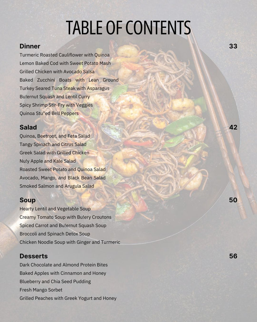 The Beauty Bites Recipe Guide by Basic Maintenance features a table of contents with dinner, salad, soup, and dessert recipes alongside page numbers, set over a background of noodles with shrimp, bell peppers, and green veggies.