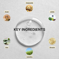 A clear gel drop labeled Key Ingredients is surrounded by images and labels of Chamomile, Jojoba, Glycerin, Camelina, Aloe, and Argan on a light background for the Blemish-Free Body System by Basic Maintenance.