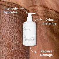 A white pump bottle of Basic Maintenance Blemish-Free Body System is centered between close-ups of dry, cracked skin (left) and smooth skin (right), with text: Intensely Hydrates, Dries Instantly, and Repairs Damage.