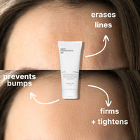 Two close-up forehead images highlight Basic Maintenance’s Face + Hair Rescue Team. Top: fine lines and “erases lines, prevents bumps.” Bottom: smoother skin with “firms + tightens.” Skincare cream is shown in the center.