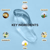 A clear gel smear on a blue background with KEY INGREDIENTS in bold. Surrounding it are images labeled: Keratin, Tea Tree Oil, Jojoba, Argan, Eucalyptus Oil, and Peppermint Oil from the Head-Turning Hair System by Basic Maintenance.
