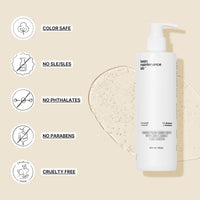 A white pump bottle labeled Basic Maintenance Head-Turning Hair System stands upright on a beige background. Icons on the left indicate: color safe, no SLES/SLS, no phthalates, no parabens, and cruelty free.
