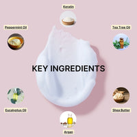 A pale cream smear on pink highlights KEY INGREDIENTS for the Head-Turning Hair System by Basic Maintenance: Keratin, Tea Tree Oil, Shea Butter, Argan, Eucalyptus Oil, and Peppermint Oil are labeled around the image.