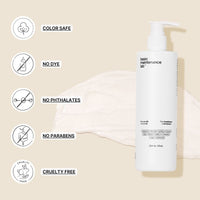 A white pump bottle of Basic Maintenance’s Head-Turning Hair System appears on a beige background, with icons and text showing it’s color safe, dye free, phthalate free, paraben free, and cruelty free.