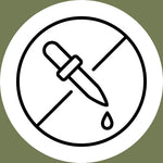 A black and white icon of an eyedropper with a droplet, crossed out by a diagonal line, inside a circle with a green background. The symbol suggests no drops or no liquids allowed.