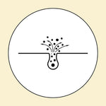 A simple line drawing of a clogged skin pore with debris and oil being expelled upward, symbolizing blackhead or acne extraction. The image is enclosed in a black-outlined circle on a light beige background.
