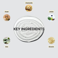 A swirl of clear gel labeled “KEY INGREDIENTS” is surrounded by images of chamomile, jojoba, glycerin, aloe, and argan—highlighting the main ingredients in Basic Maintenance’s Picture-Perfect Face (Super Boost).