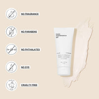 A tube of Picture-Perfect Face (Super Boost) by Basic Maintenance is shown on a beige background with a cream smear, alongside icons that highlight: no fragrance, no parabens, no phthalates, no dye, and cruelty-free.