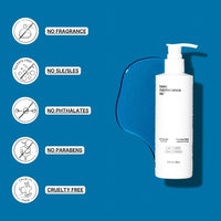 A white pump bottle of Basic Maintenance Picture-Perfect Face System on a blue background, featuring icons and text: no fragrance, no SLES/SLS, no phthalates, no parabens, and cruelty-free.