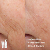 Close-up before-and-after of facial skin highlights reduced wrinkles and dark spots. Text details: Softens Lines, Fades Dark Spots, Firms & Tightens. Picture-Perfect Face System bottles by Basic Maintenance shown in lower left.