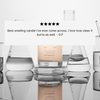 A five-star testimonial overlays lab glassware and a candle, praising The Calm’s scent and clean burn, signed by D.F., from Basic Maintenance.