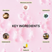 A pink background with oil bubbles displays KEY INGREDIENTS in the center, surrounded by images labeled Moroccan lava clay, shea butter, patchouli oil, cedarwood oil, castor oil, and coconut oil for The Cleansing Clay by Basic Maintenance.