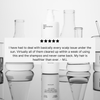 A white bottle of The Conditioner by Basic Maintenance sits among glass lab equipment. Overlaid text shows a five-star review praising it for resolving scalp issues and improving hair health.