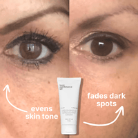 Close-up of a womans face shows before-and-after skin tone with uneven skin on the left and smoother, even skin on the right. In the center, The Face Lotion by Basic Maintenance is pictured with arrows highlighting visible improvement.