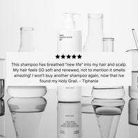A bottle of The Shampoo by Basic Maintenance sits among lab glassware, overlaid with Tiphanies testimonial praising it for making hair feel soft, renewed, and wonderfully scented.