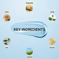 In the center, The Shave Gel by Basic Maintenance sits as a gel smear labeled Key Ingredients, surrounded by images and labels for chamomile, jojoba, glycerin, camelina, aloe, and argan on a light blue background.