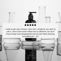 A black pump bottle of Basic Maintenance’s The Shave Gel sits on a reflective surface among empty glass lab beakers and flasks, with overlaid text showing a 5-star review for eliminating razor bumps and improving skin.