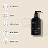 A black pump bottle of “The Shave Gel” by Basic Maintenance is shown on a beige background with textured cloth. Icons and text note it’s sustainable, vegan, phthalate-free, paraben-free, and cruelty-free.