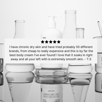 Black and white photo of lab glassware and a pump bottle. Overlaid is a 5-star review from T.S. praising Basic Maintenance The Super Cream for relieving chronic dry skin and leaving skin extremely smooth.