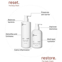 Two white pump bottles from Basic Maintenances Total Transformation Kit are shown. Arrows highlight benefits: balances bacteria, detoxifies, calms inflammation, preserves skin barrier, improves blemishes, and hydrates.