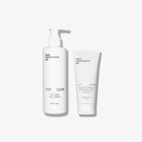 The Picture-Perfect Face System by Basic Maintenance includes a 236 mL pump bottle and a 60 mL squeeze tube, both housed in white minimalist containers with black text on a white background.