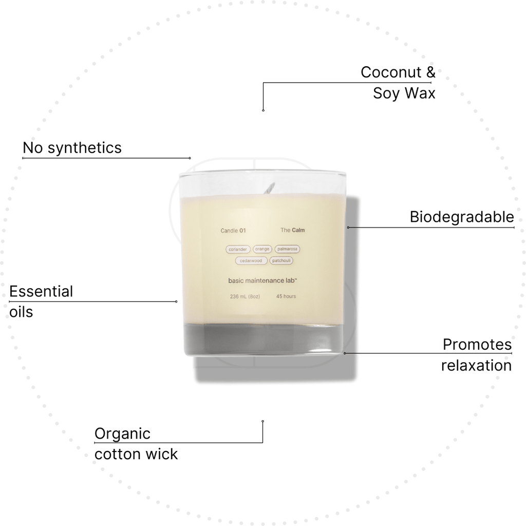 The Calm by Basic Maintenance is a cream-colored candle in a glass jar with coconut & soy wax, organic cotton wick, essential oils, no synthetics, fully biodegradable, and promotes relaxation.