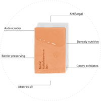 A rectangular bar of The Cleansing Clay by Basic Maintenance is shown with water droplets on top. Surrounding text highlights its antimicrobial, antifungal, barrier-preserving, oil-absorbing, exfoliating, and nutritive properties.