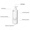 A white pump bottle labeled The Conditioner by Basic Maintenance is shown with lines pointing to text describing benefits: volumizing, intense hydration, balances scalp biome, antifungal, promotes growth, and restores proteins.