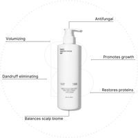 A white pump bottle labeled The Shampoo by Basic Maintenance is shown, with text highlighting its benefits: volumizing, antifungal, promotes growth, restores proteins, eliminates dandruff, and balances scalp biome.
