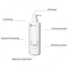 A white pump bottle labeled The Shampoo by Basic Maintenance is shown, with text highlighting its benefits: volumizing, antifungal, promotes growth, restores proteins, eliminates dandruff, and balances scalp biome.